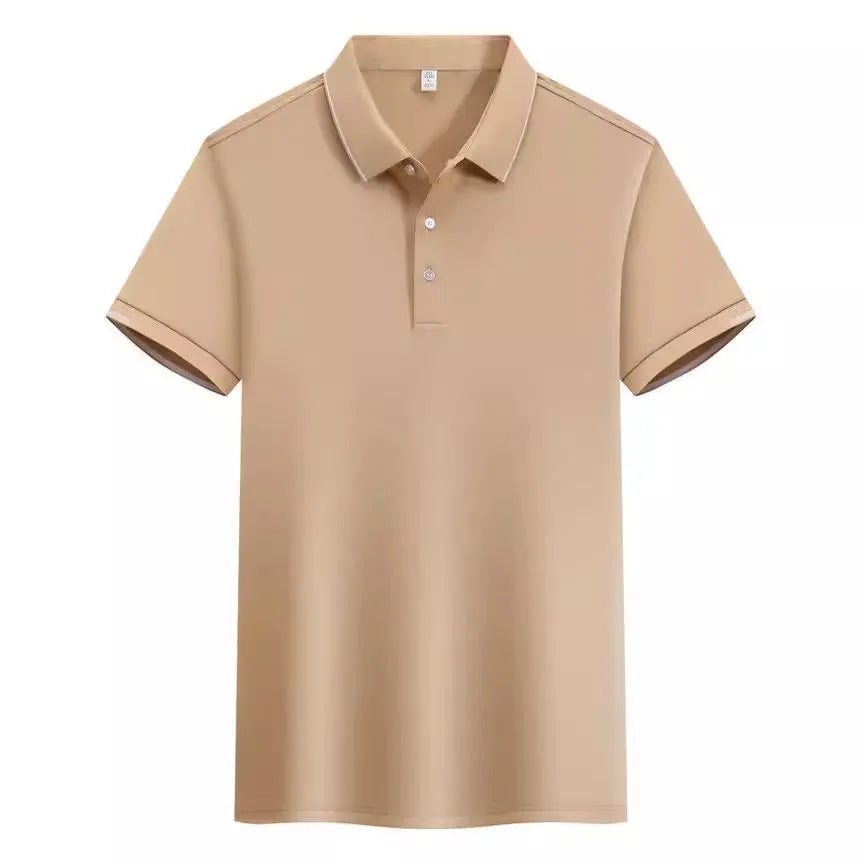 Loose fit cotton blend short sleeve polo shirt showing single-side colour secondary collar lapel detail.