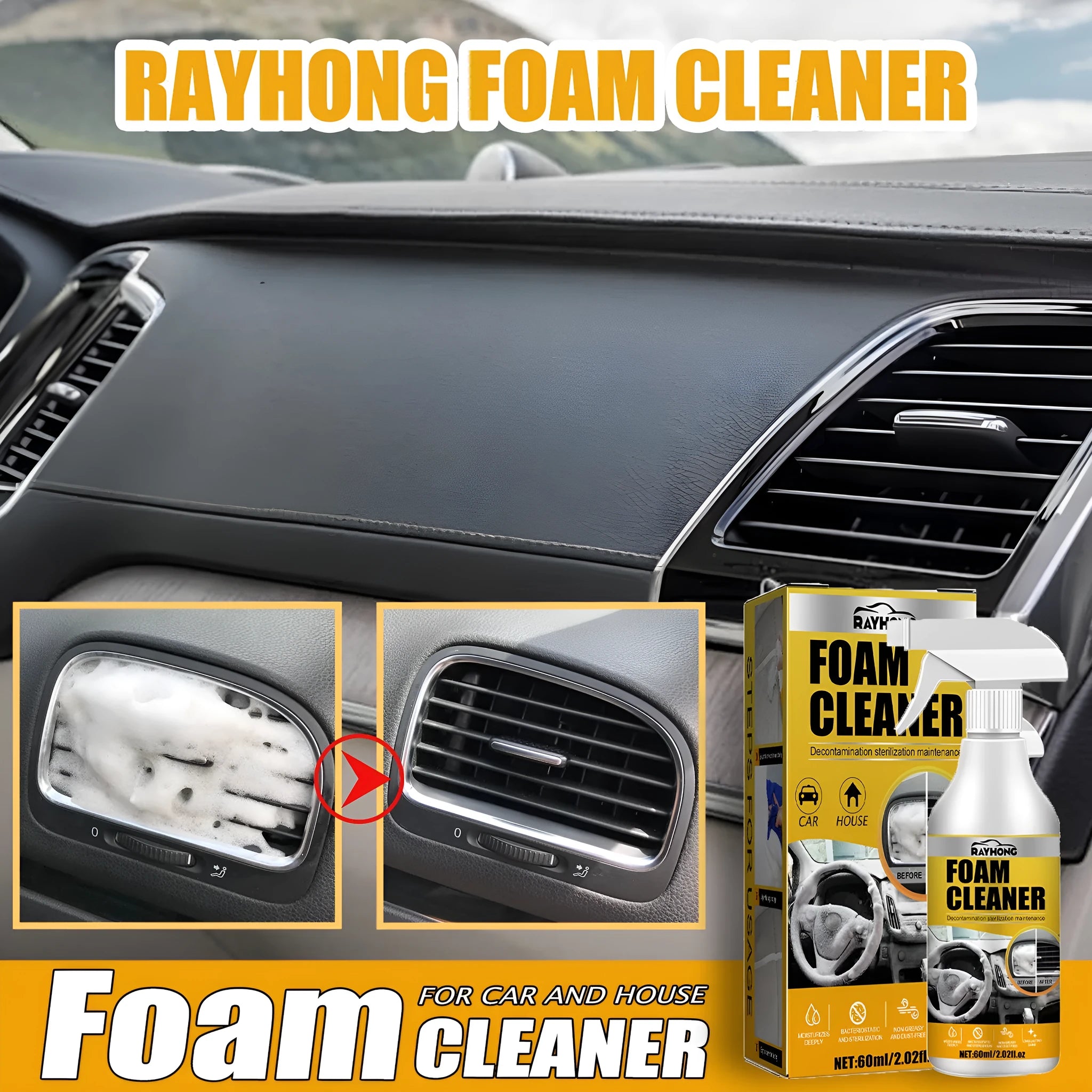 60ml car interior wash-free foamed cleaner spray bottle with a 10cm by 10cm white sponge applicator