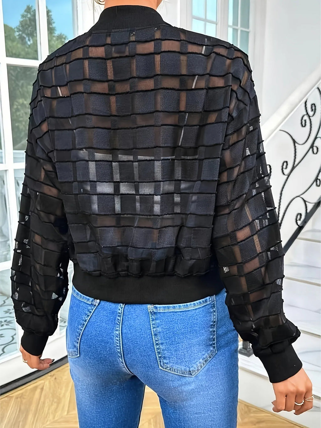 Women's black semi-transparent geometric pattern casual jacket with thread zipper