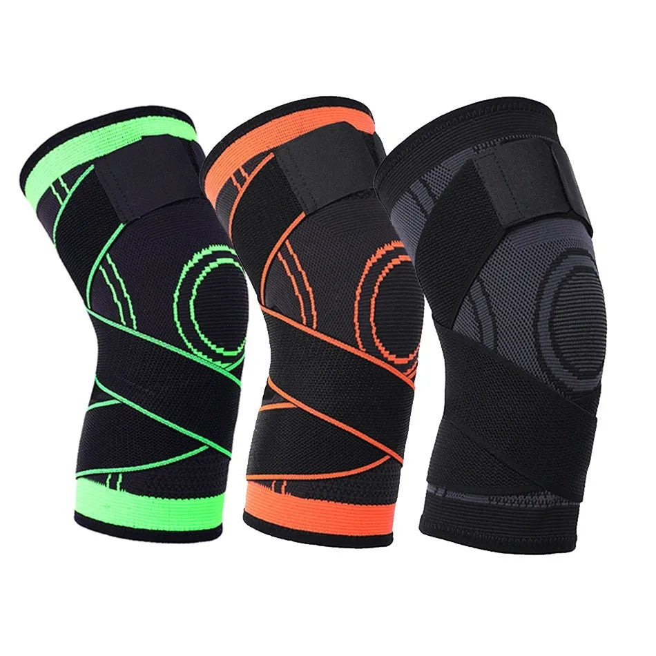 A pair of black non-slip knee pads for sports and fitness activities on a plain background.