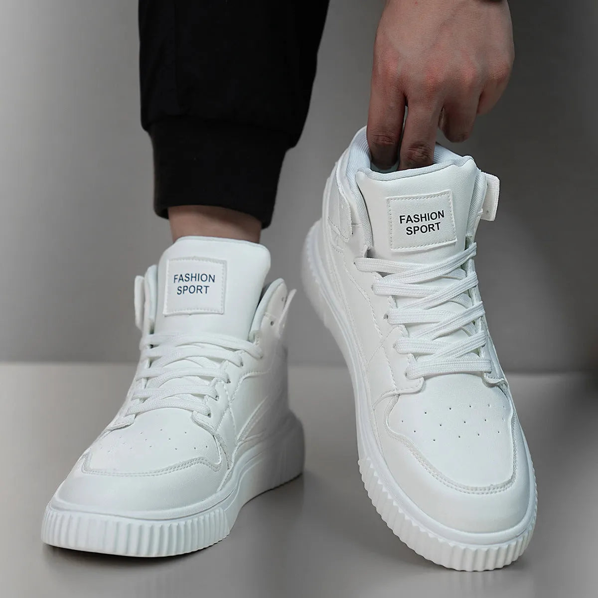 White men's casual shoes with a round toe and microfiber upper.