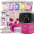 Professional waxing kit with hard wax beans, warmer, lotion, ice masks and applicators for face, body and nose.