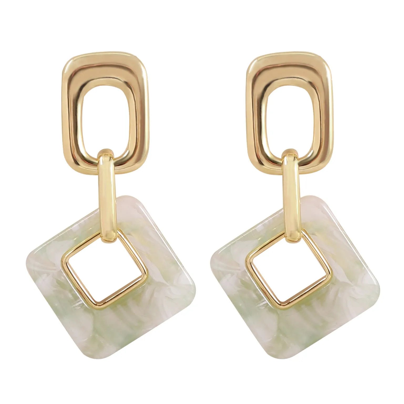 A pair of hollow square geometric earrings with a chamfered edge pattern in a gold tone finish.