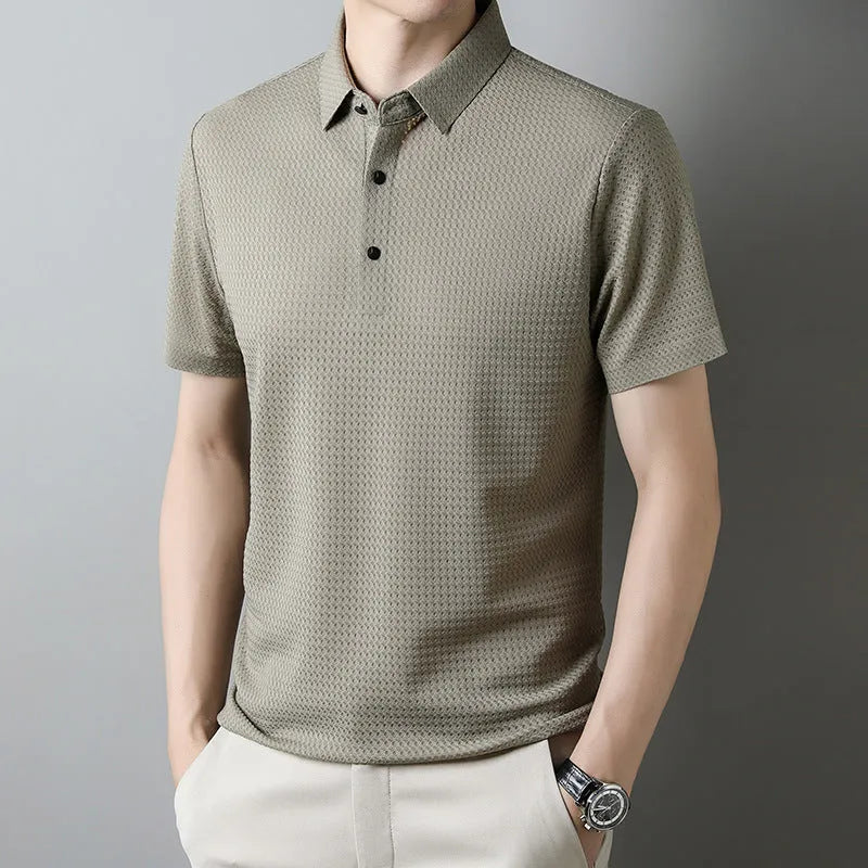 Summer men's short-sleeved casual polo shirt in khaki with collar, regular fit