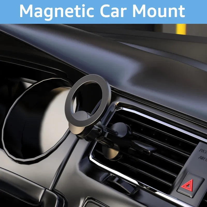 Black magnetic car phone holder mounted on car air vent with O-ring bracket