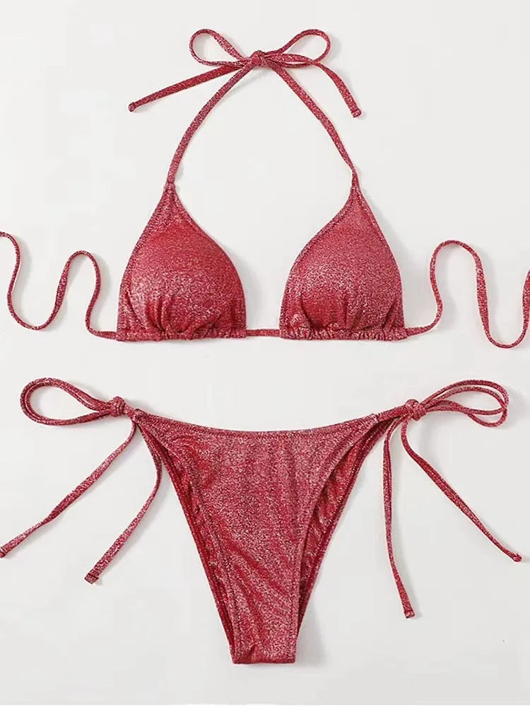 Women's split bandage bikini swimsuit in six colour options with detailed sizing measurements