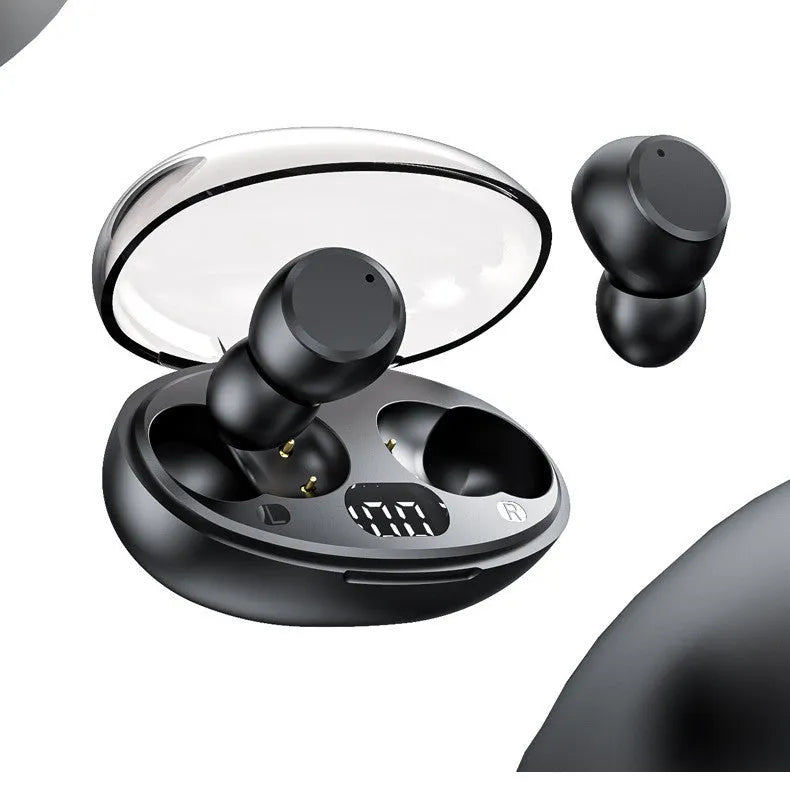 T62 wireless Bluetooth earbuds in black with digital display on charging case