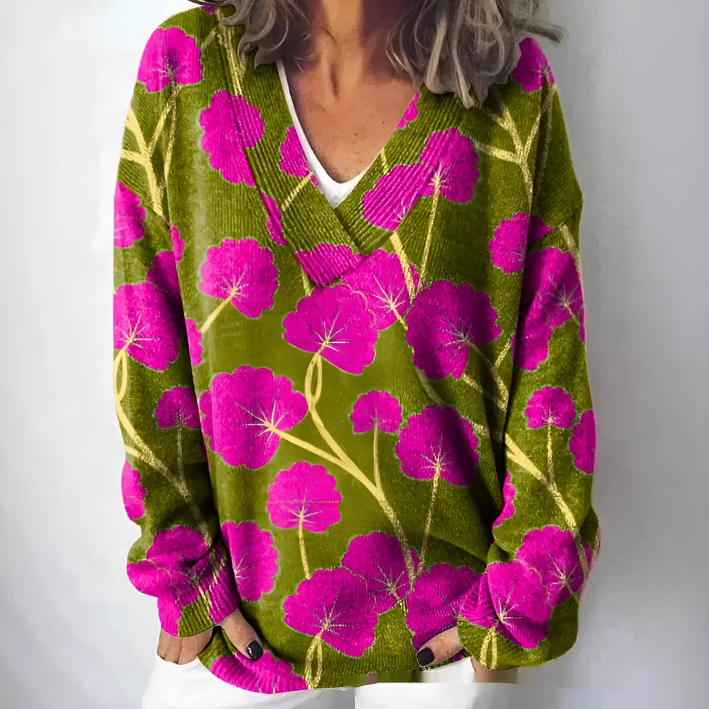 Women's retro V-neck sweatshirt with a detailed 3D floral pattern print in a choice of colours.