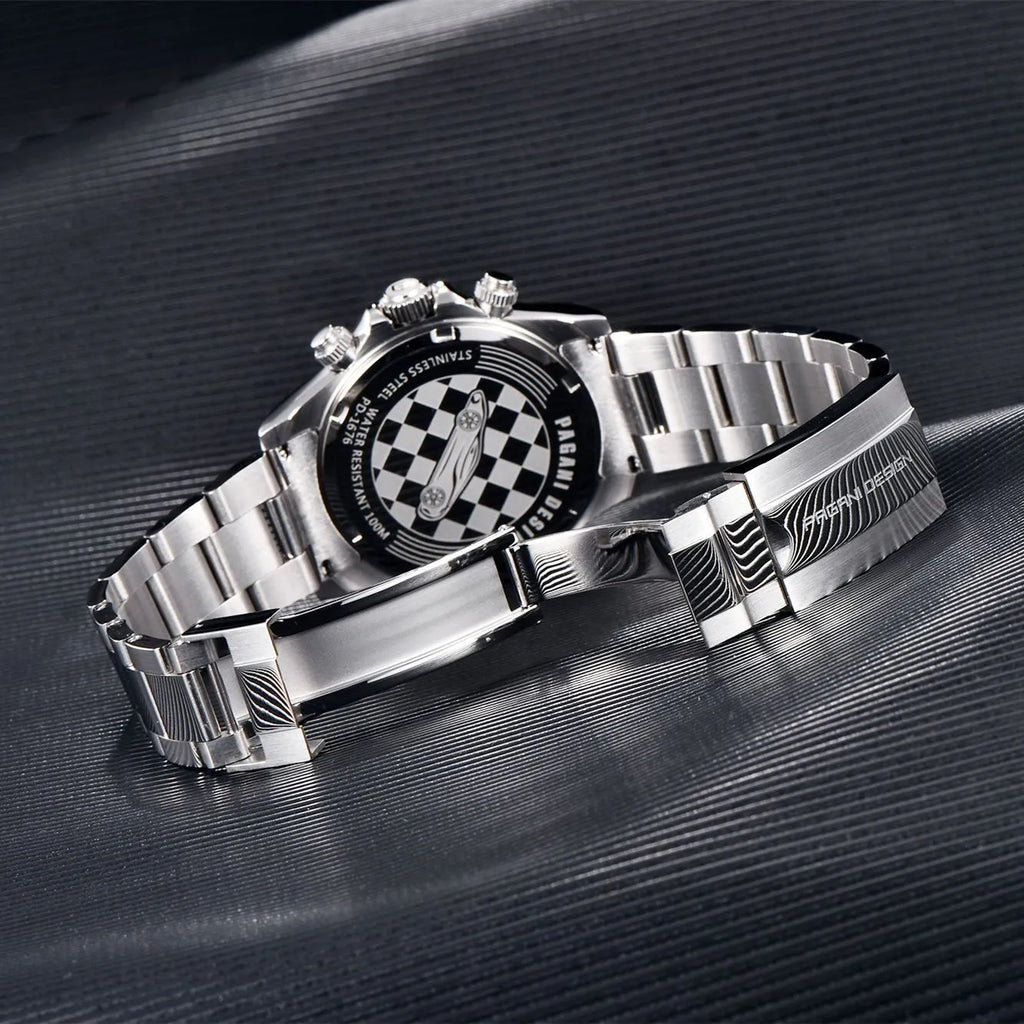 Men's black or white chronograph watch with stainless steel bracelet and 40mm dial