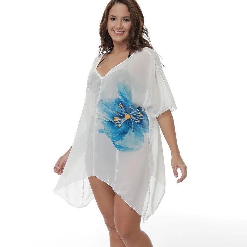 White plus size polyester beach cover-up blouse for swimming