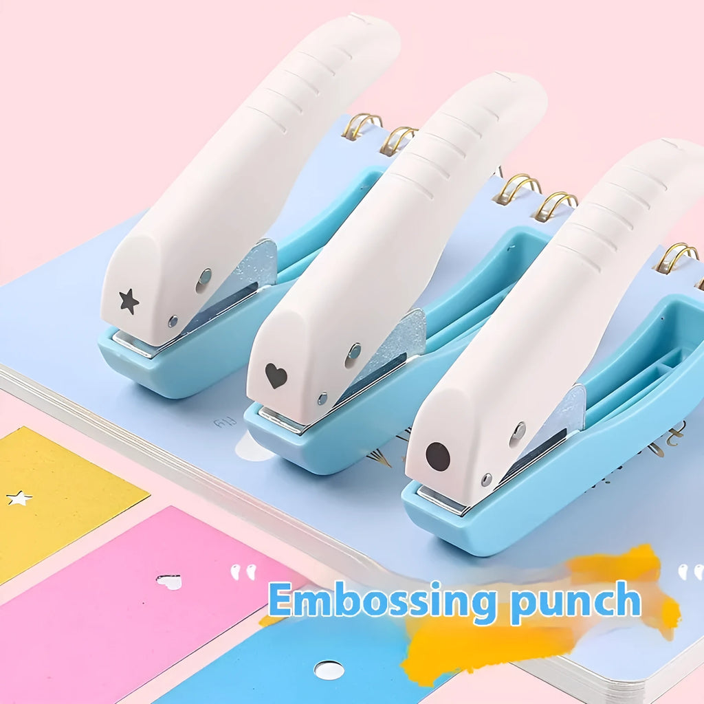 Manual craft punching machine with love, star, and round hole dies for kindergarten patterns.