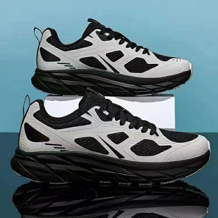 Pair of beige mesh casual running shoes with round toe and plastic sole on a white background.