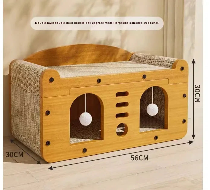Corrugated paper double layer cat house with double ball double door design for indoor cats