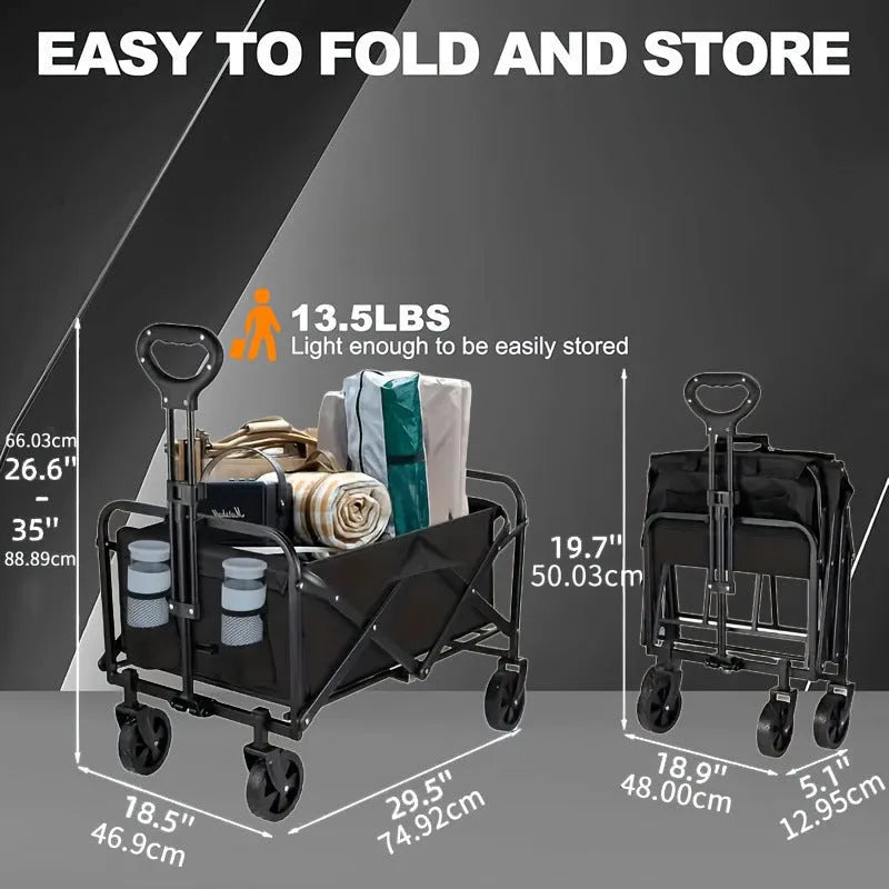 Collapsible heavy-duty metal garden wagon cart with storage box, shown folded and open.