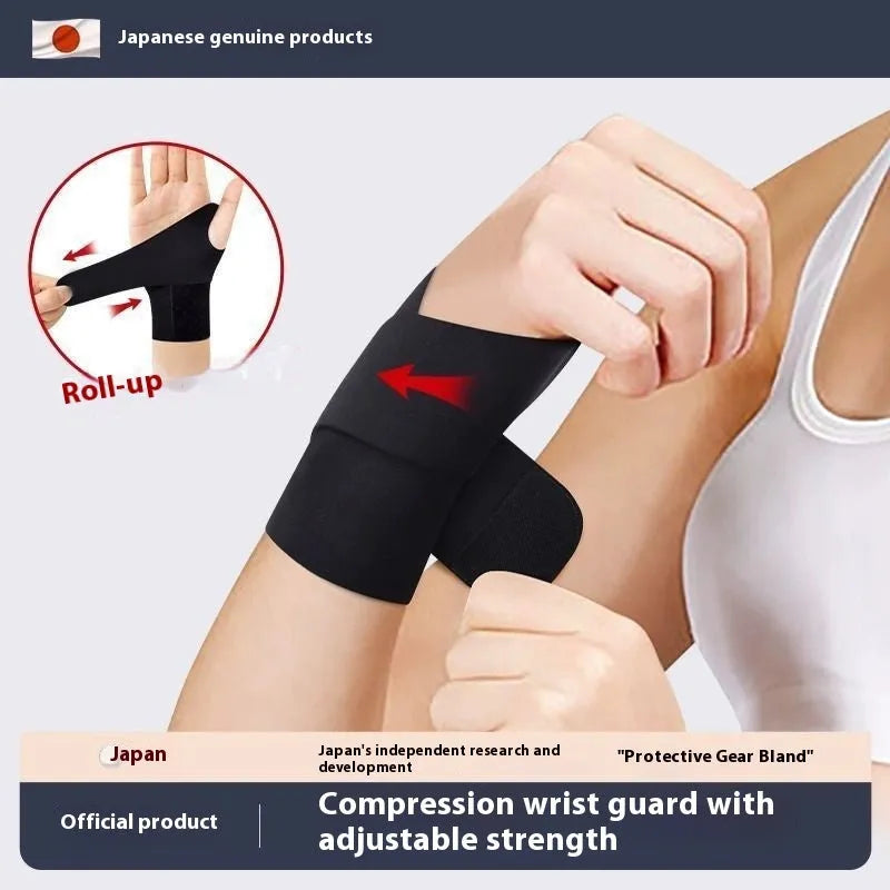 Adjustable black athletic wristguard for wrist support during sports like tennis and badminton.
