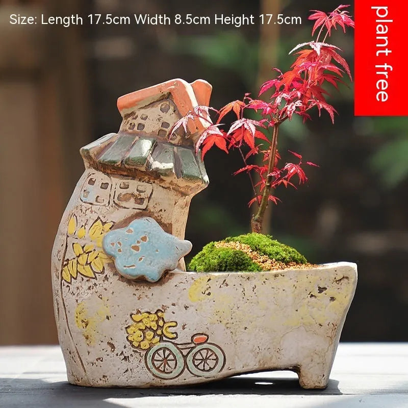 Hand-painted ceramic combination flower pot with 20cm diameter in cute pastoral design