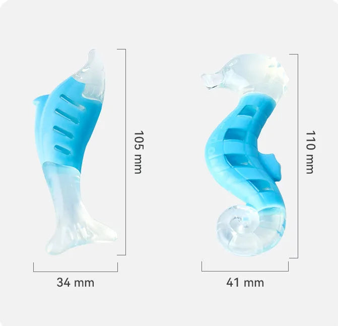 Two PU nylon dog chew toys: one seahorse shape and one tuna shape, for small breed puppies.