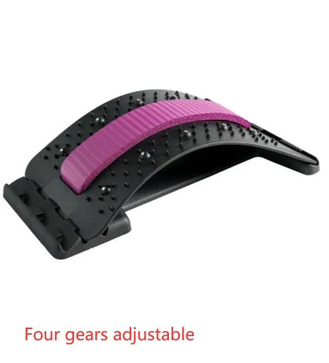 Adjustable back stretcher and waist massager with multiple massage heads in selectable colours.