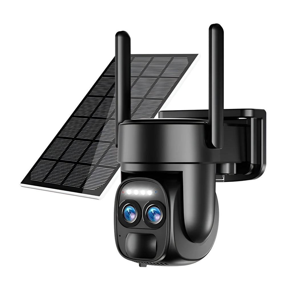 Solar panel security camera with 8x zoom lens for home surveillance.