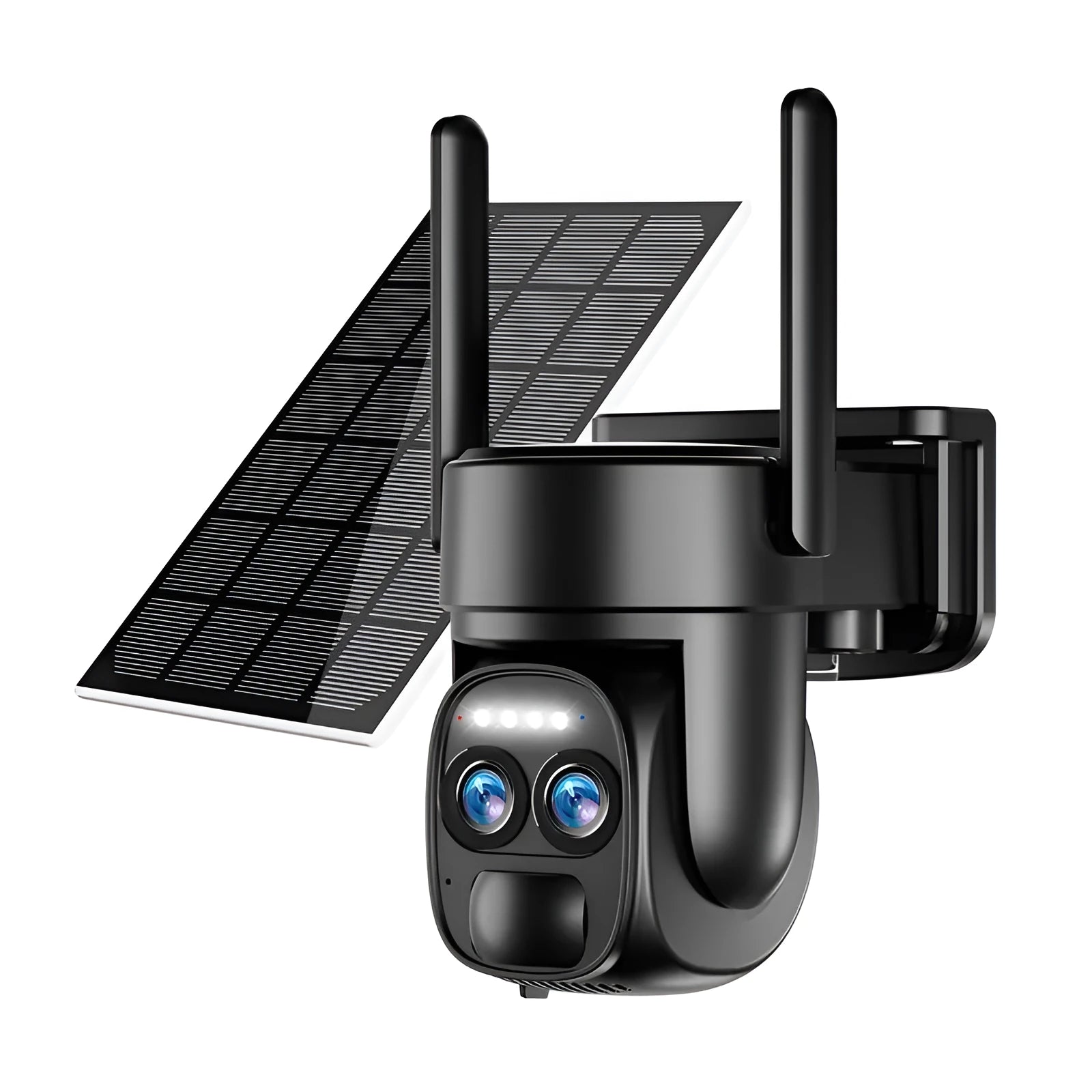Solar panel security camera with 8x zoom lens for home surveillance.