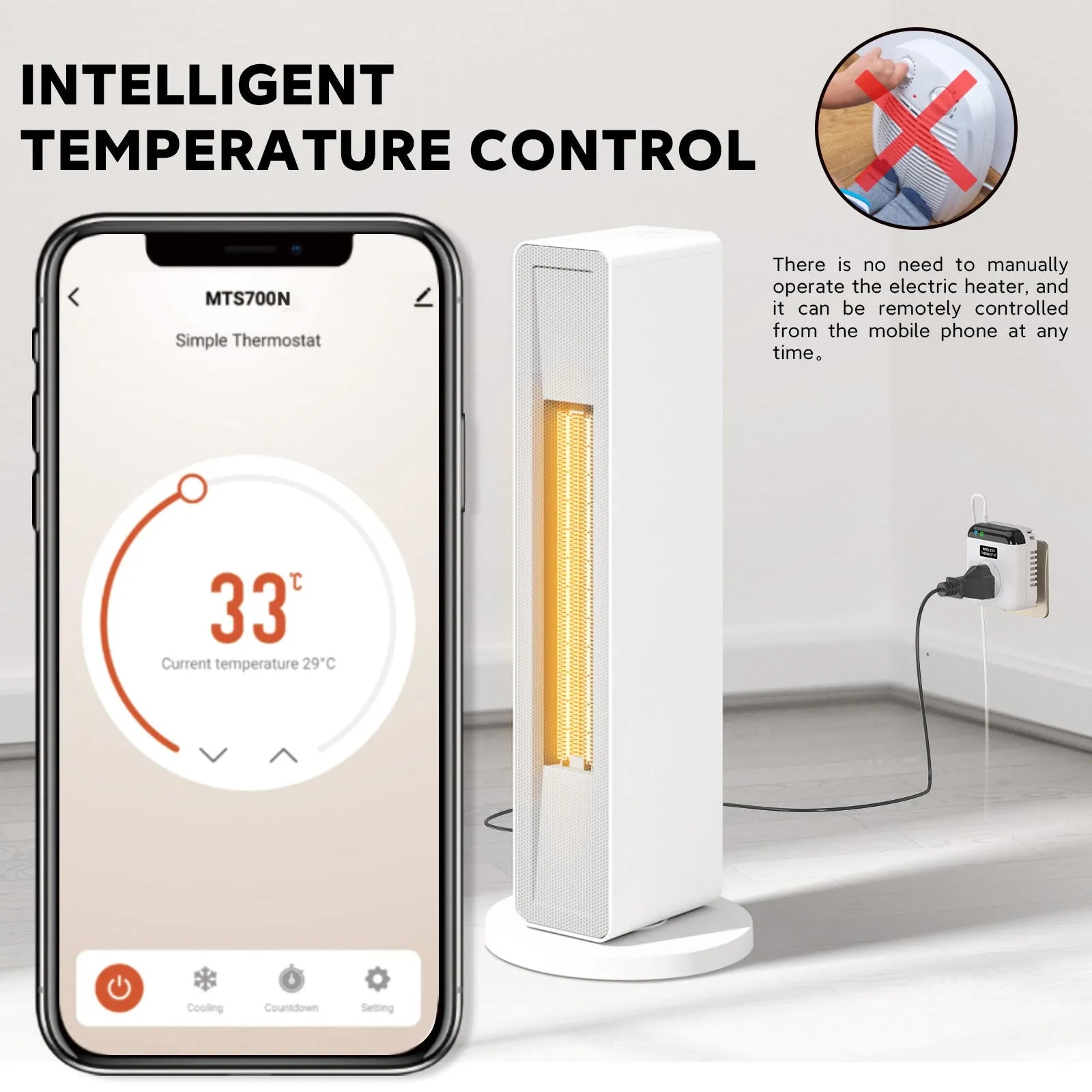 White European smart socket with remote control showing two power jacks and dimensions