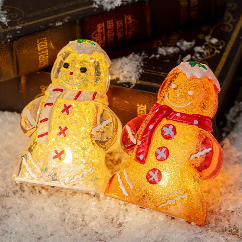 Glowing Christmas gingerbread man snowman ornament with a scarf in red, white, clear, or transparent red.