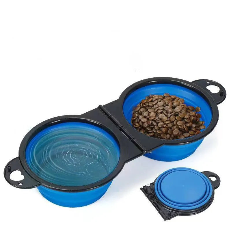 Blue folding silicone double pet bowl for dogs and cats, shown collapsed and unfolded.