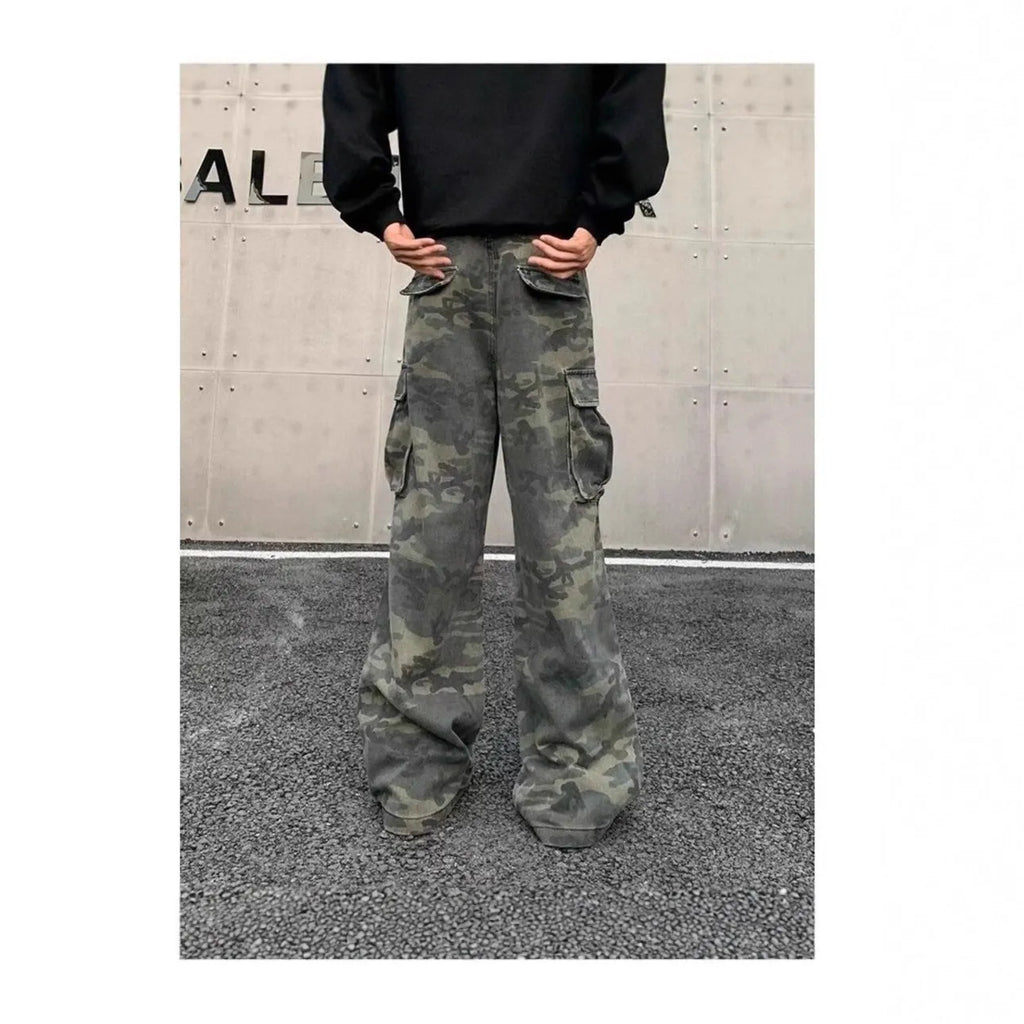 Korean style washed camouflage cargo trousers with multiple pockets on a mid-waist fit.