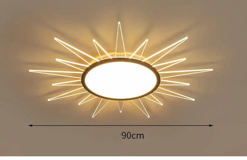 Round aluminium LED ceiling lamp with remote control for dimmable white and tricolour lighting.