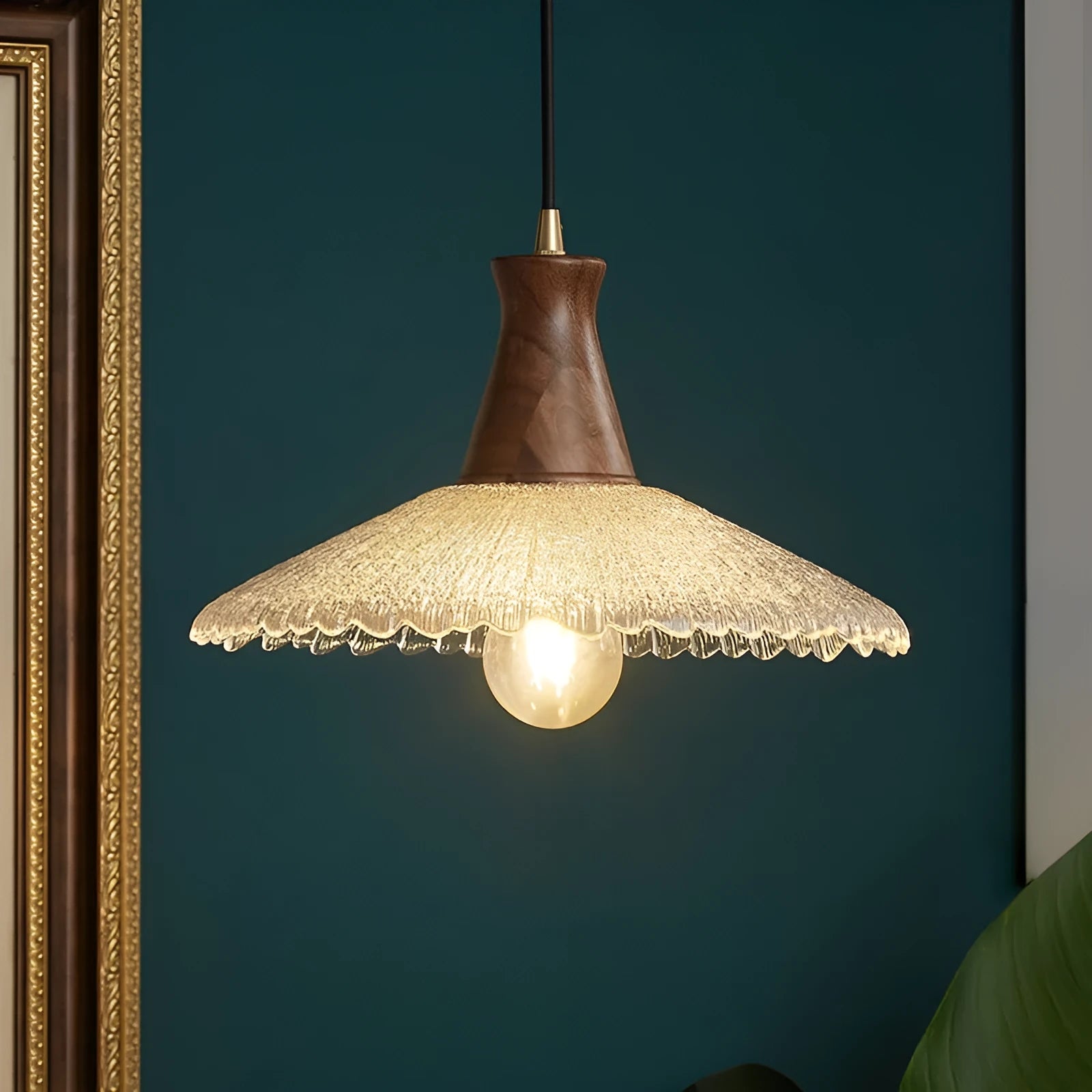 Retro brass and glass chandelier with solid wood body in three size options