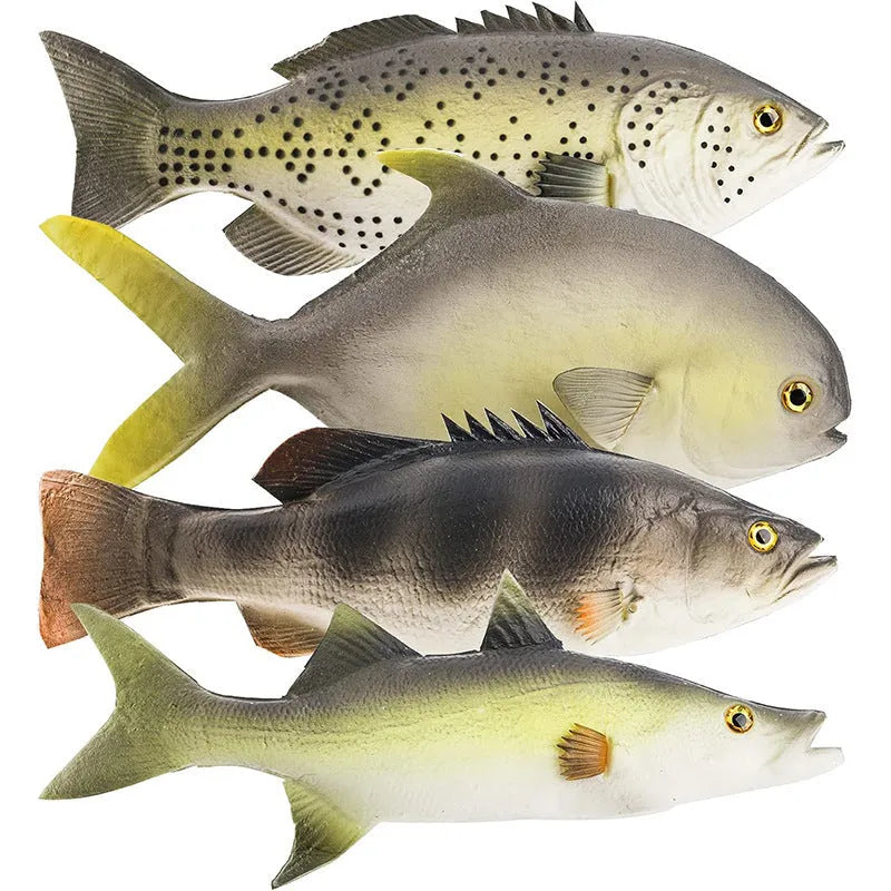 Three PU simulated fish ornaments: yellow-fin tuna, flower fish, and yellow croaker