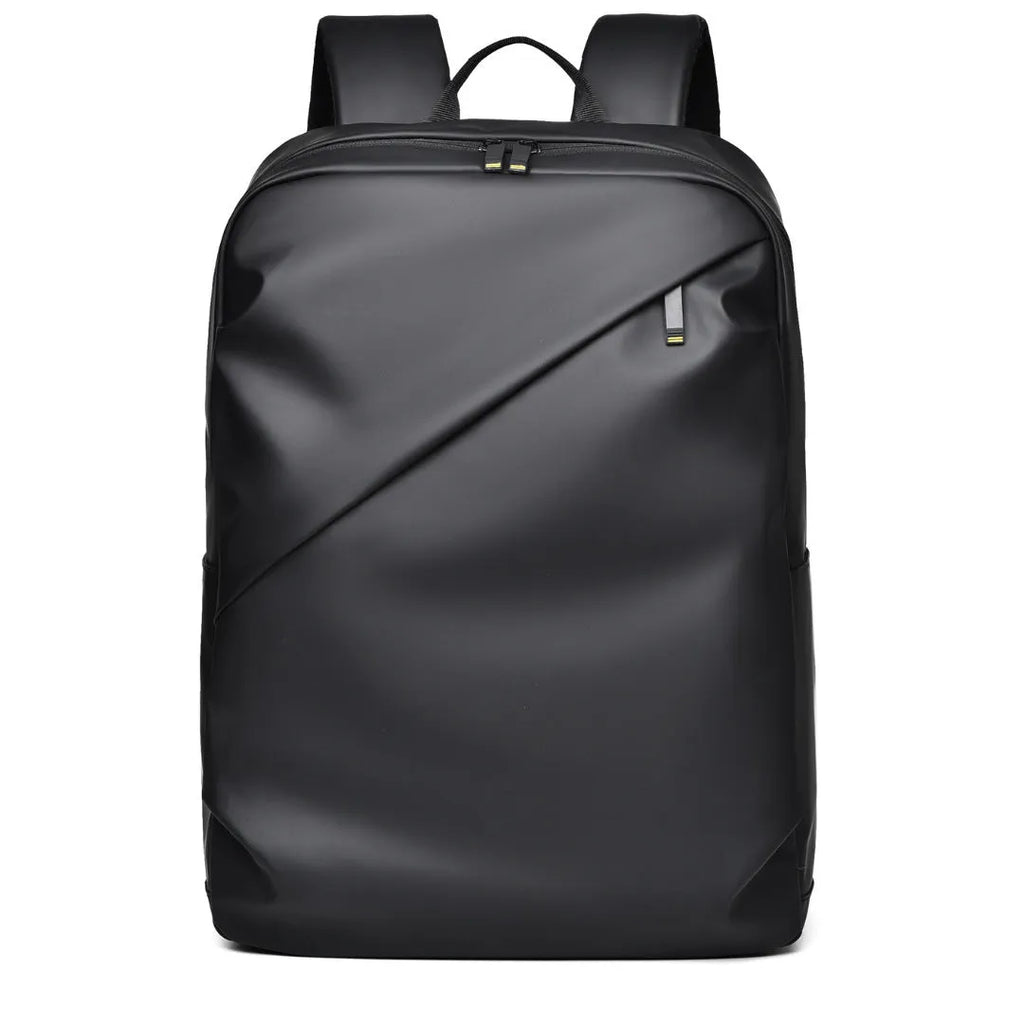 Waterproof PU leather backpack with laptop compartment in black, blue, and grey colour options