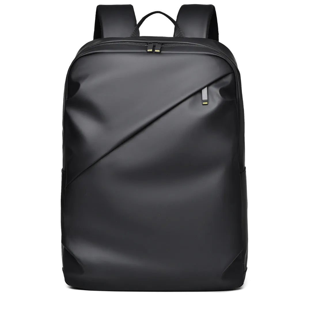 Waterproof PU leather backpack with laptop compartment in black, blue, and grey colour options