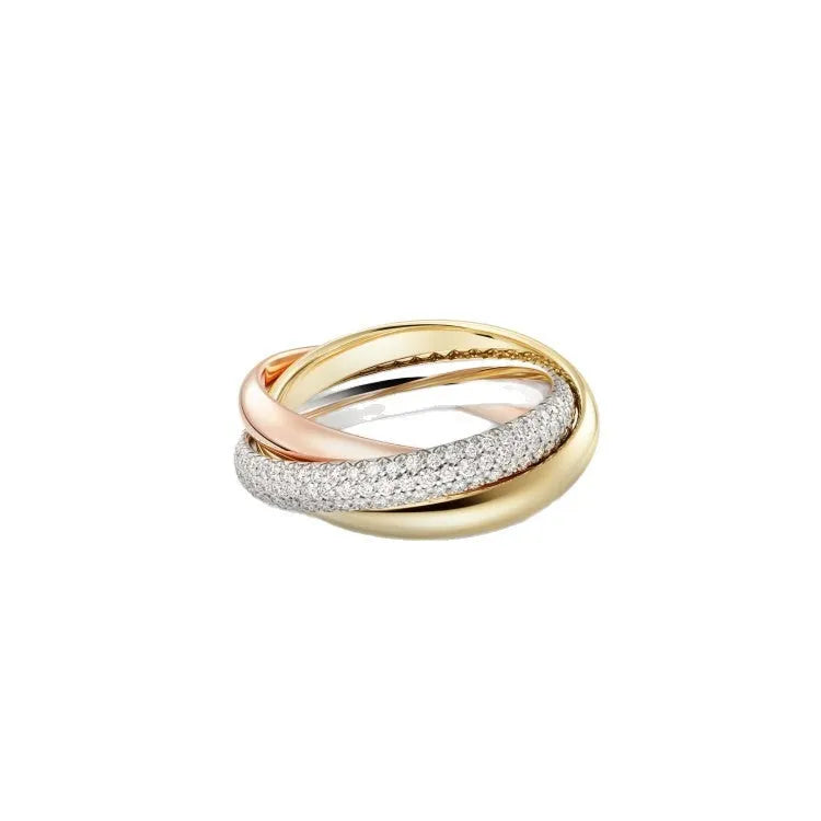 A set of two silver U-shaped geometric couple's rings, one with full diamonds and one plain, on a jewellery display.