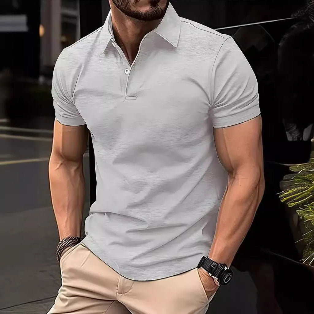 Men's slim fit button-up short sleeve shirt in a solid colour on a hanger.
