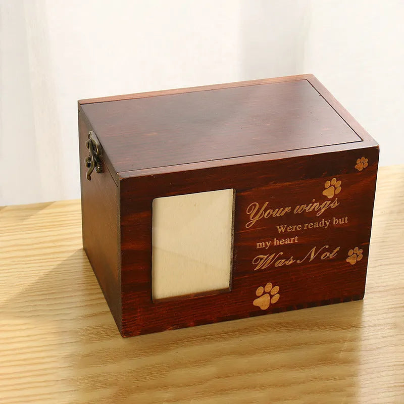 Solid wood pet cinerary casket with leash photo frame, carved wooden memorial box, 16x11x11cm, 338g