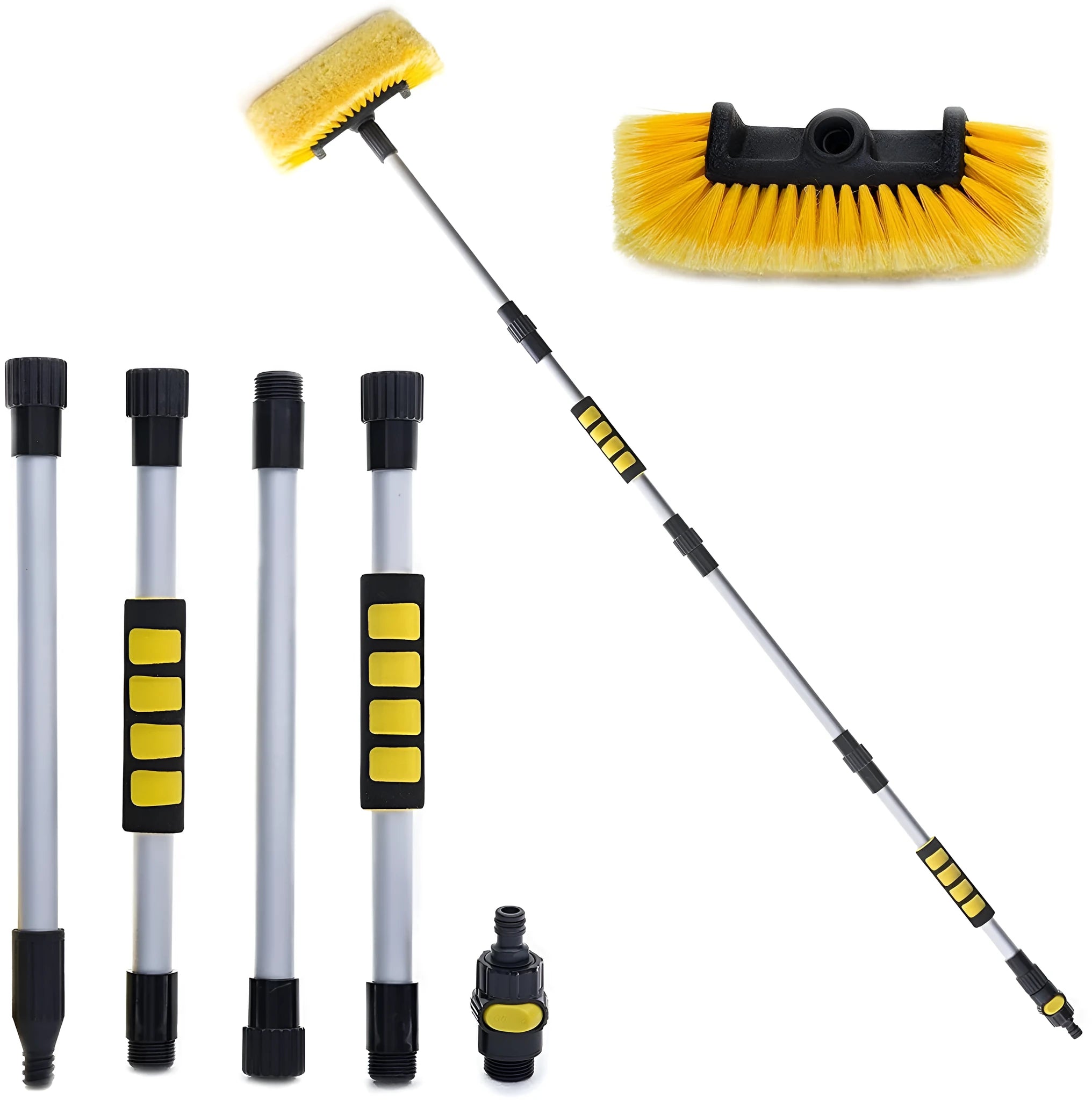 Yellow portable car wash brush with removable flow-through head and four-section adjustable rod