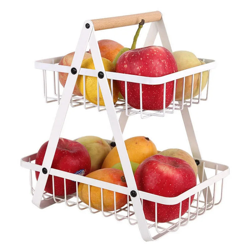 Black iron double-layer fruit basket with wooden handle, detachable storage rack for kitchen countertop
