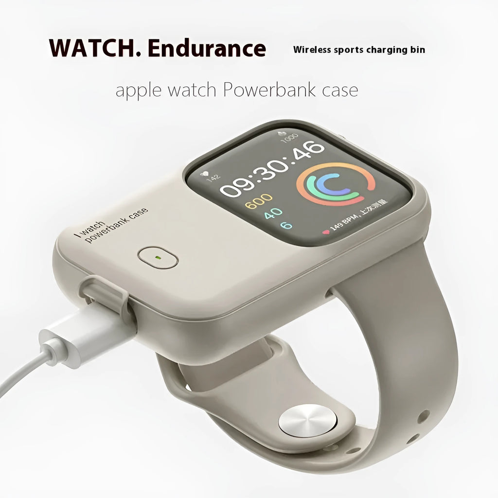 Apple Watch portable wireless charging case and silicone cover in brown, midnight blue, or starlight.
