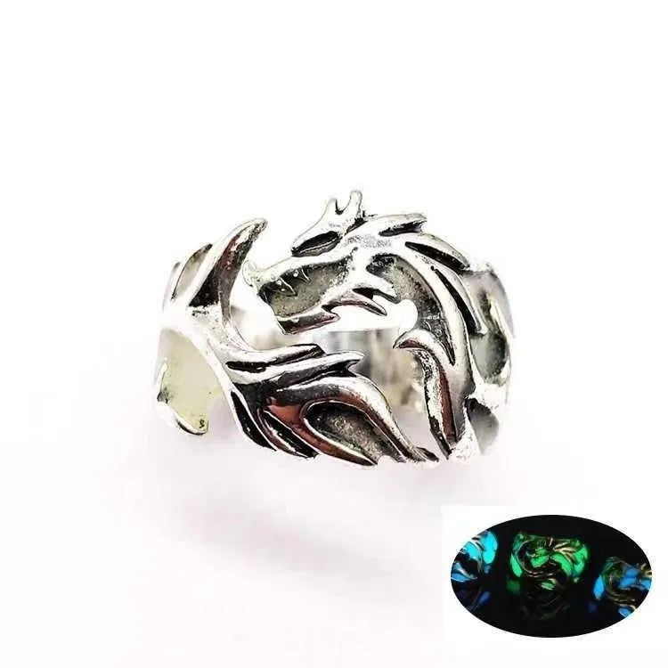 Adjustable Chinese dragon ring with luminous pattern in antique silver blue and green colour