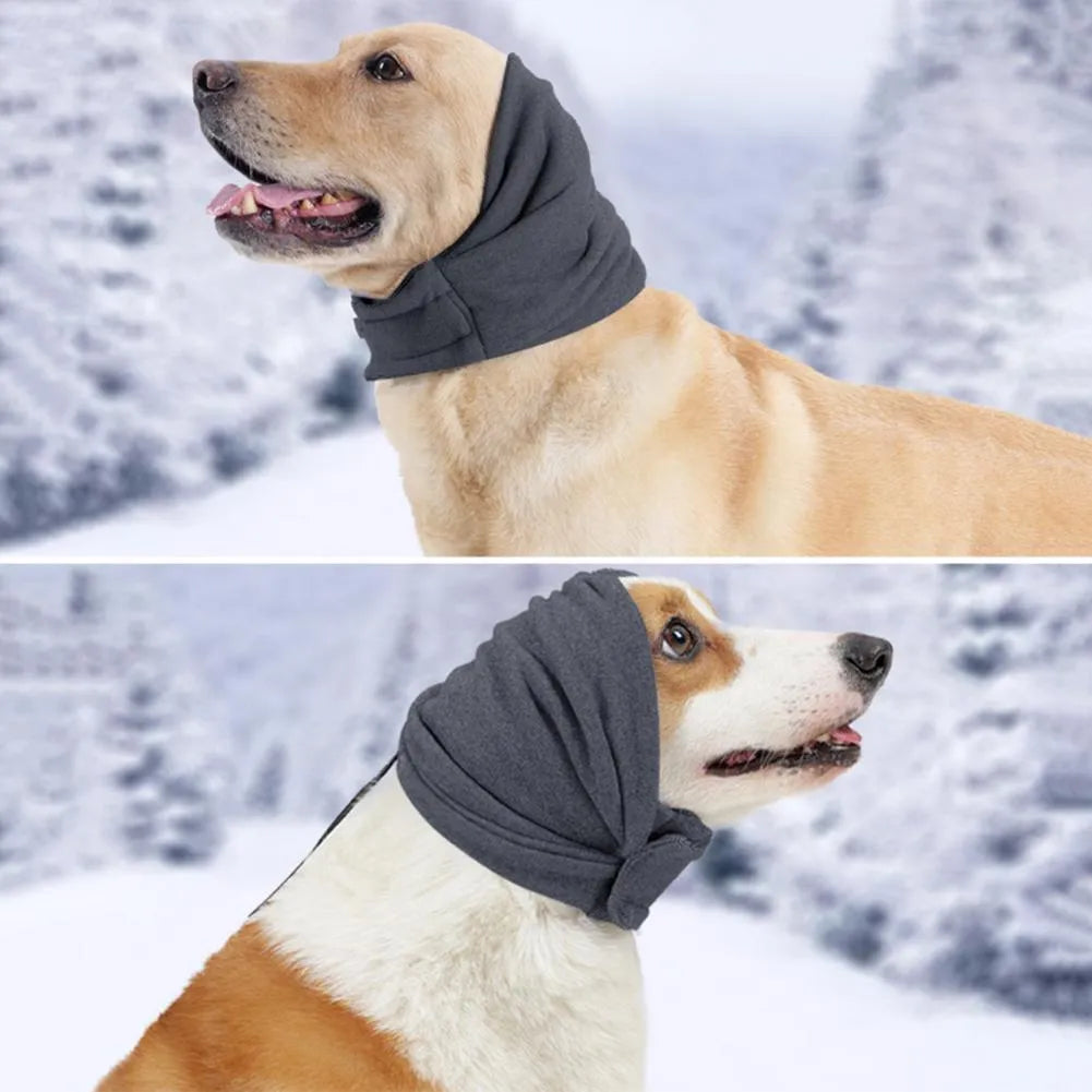 Dog wearing purple noise reduction hoodie with ear wraps and head cover