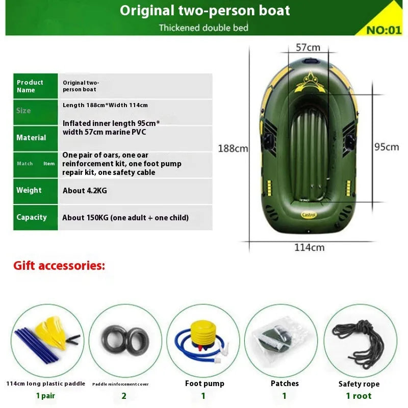 WTY thickened inflatable drifting boat green for 2-3 person outdoor fishing with kayak paddle and pump