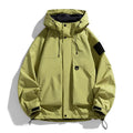 Men's black waterproof windproof hooded jacket on a hanger, showing long sleeves and regular length.