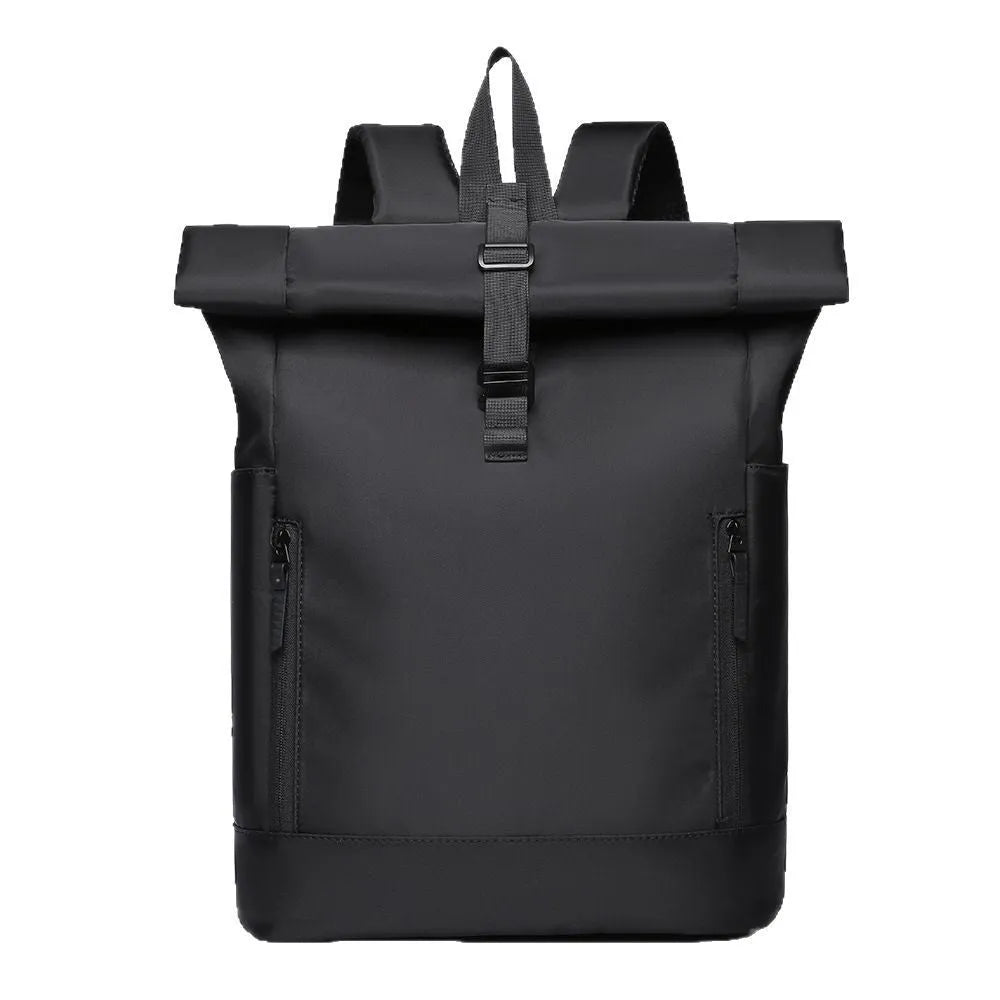 Oxford cloth casual backpack with airpillow straps, 20-35L capacity, in black solid colour with sewing line detail