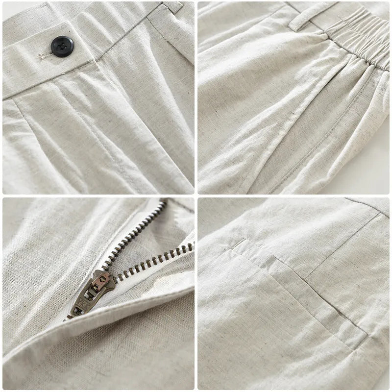 Man wearing loose straight-leg cotton linen trousers in a raw jute colour, showcasing the Japanese retro casual style.