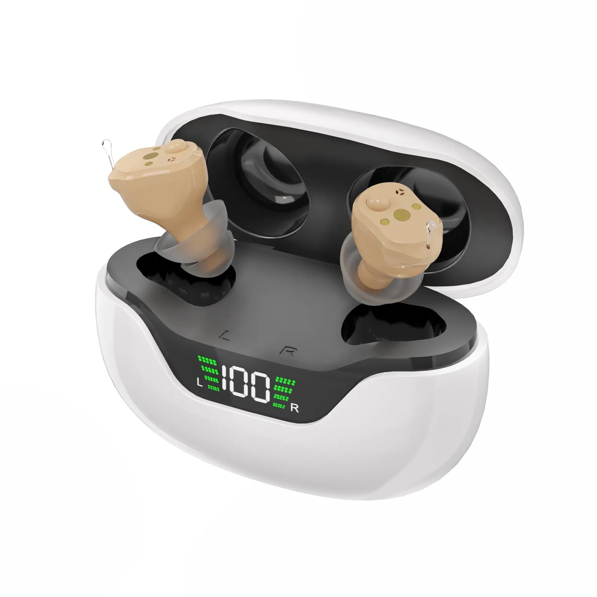 CIC digital hearing aid with charging compartment and digital display in skin colour matching