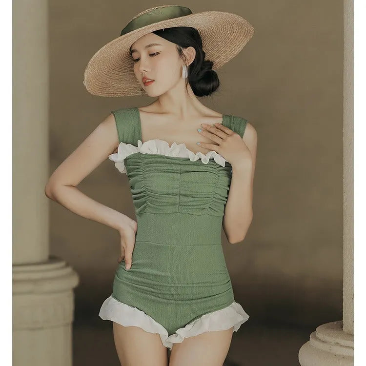 Korean style high-waisted one-piece swimsuit in black, quick-drying polyester fabric, triangle top design