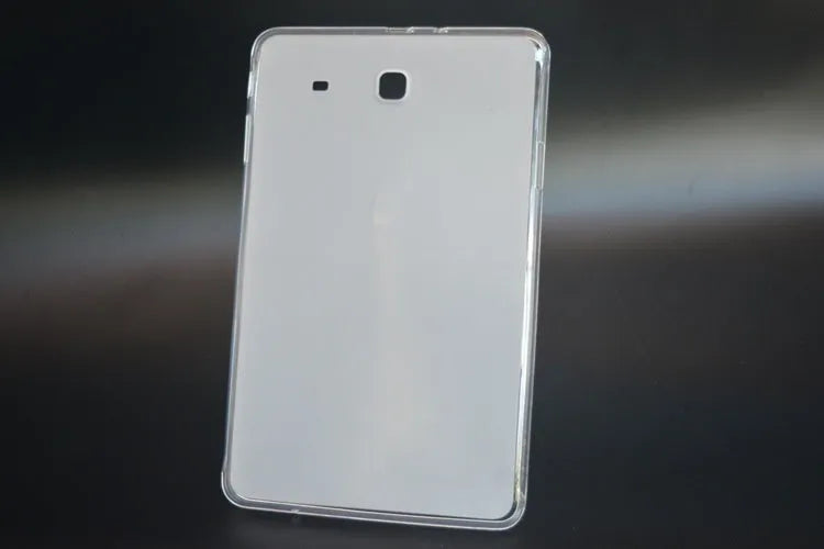 Clear silicone tablet case showing ultra-thin profile and transparent design