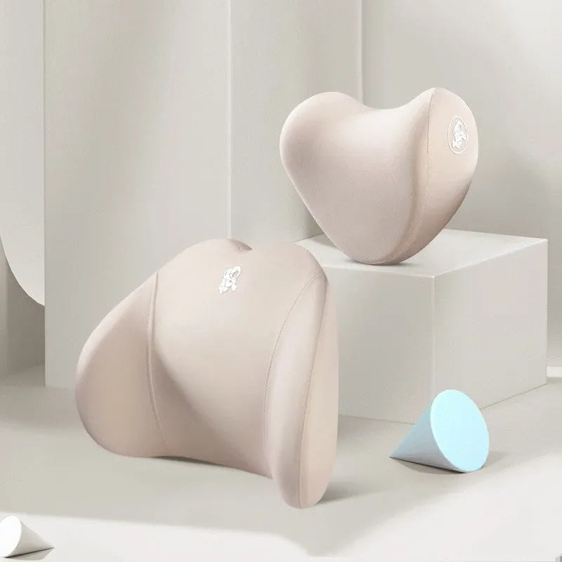 Heart-shaped memory foam car pillow set with headrest and lumbar support in cotton