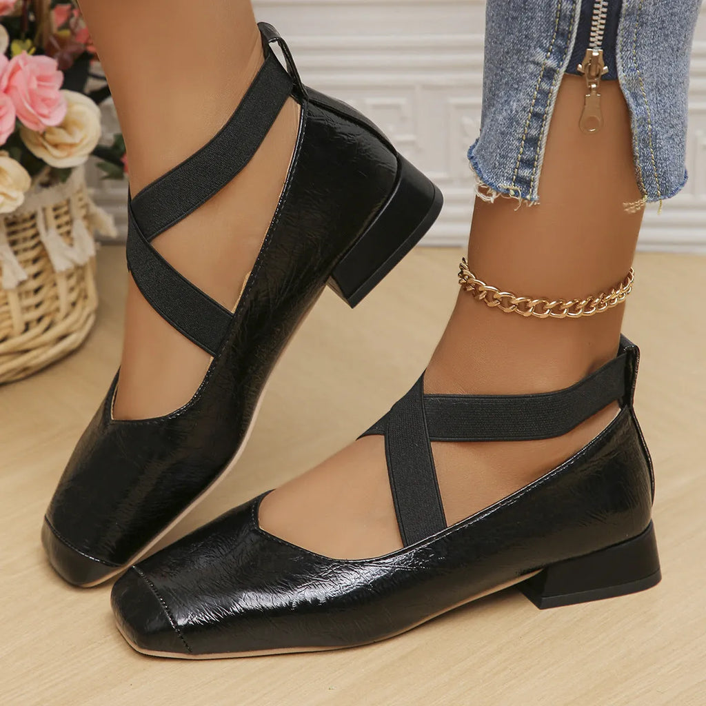French evening style slip-on pumps with square toe bracket in black, gold, or silver colours